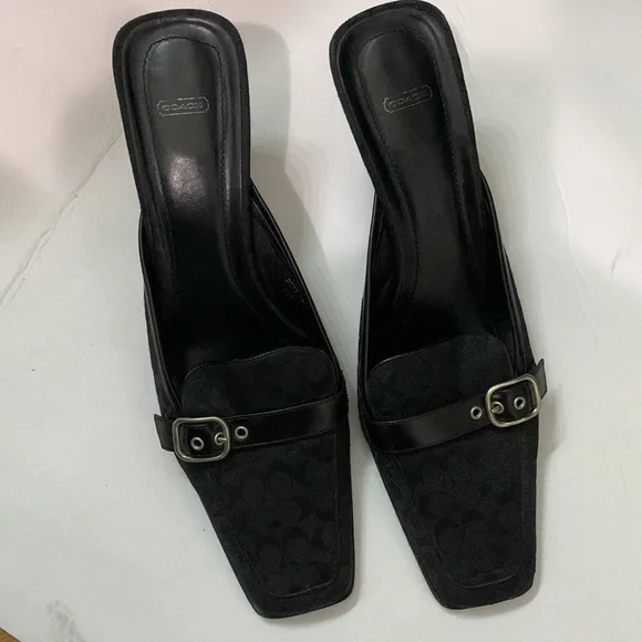 Coach jacquard logo black silver buckle square toe mules size 8.5 Y2K 90s style - Picture 2 of 7